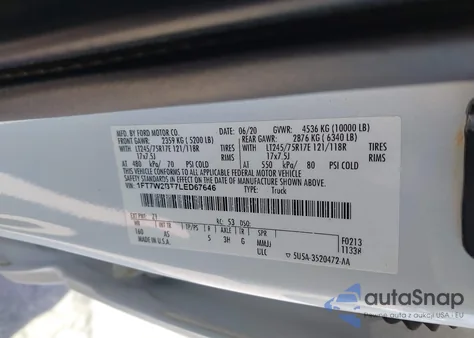 2020 Ford F-250 Xl z USA, uszkodzony, nr VIN 1FT7W2BT7LED67646